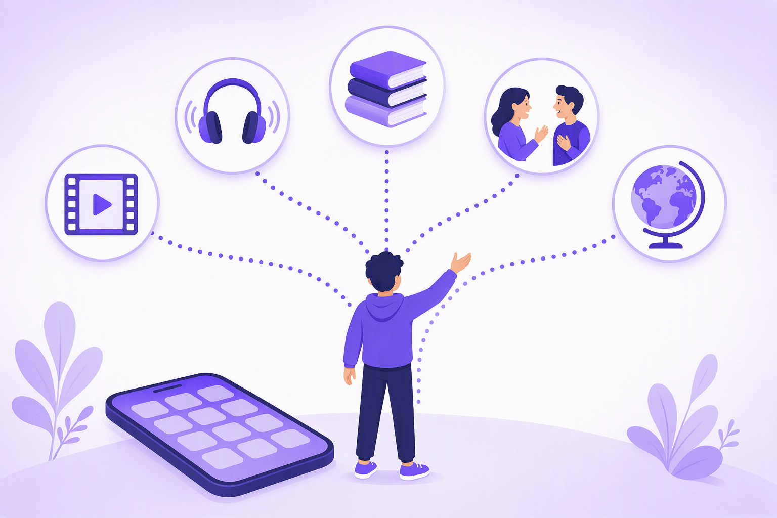 Learner standing where a single dotted path splits into five routes, with a phone showing a grid of identical tapping tiles left behind on the ground, and each route ending in a round icon: a film frame with a play triangle, headphones with sound waves, a stack of books, two figures turned toward each other in conversation, and a globe