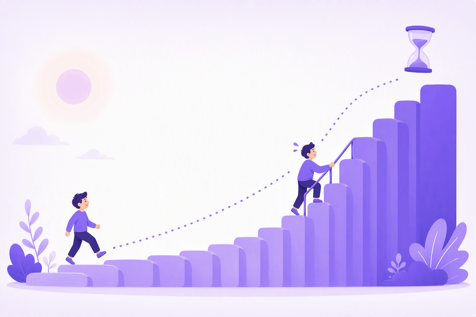 Difficulty ladder shown as a staircase: on the left, wide low steps under a soft sun where a learner walks upward easily, and on the right the steps grow much taller and steeper where a second learner climbs with effort holding a handrail toward a floating hourglass, with a dotted line tracing the whole ascent