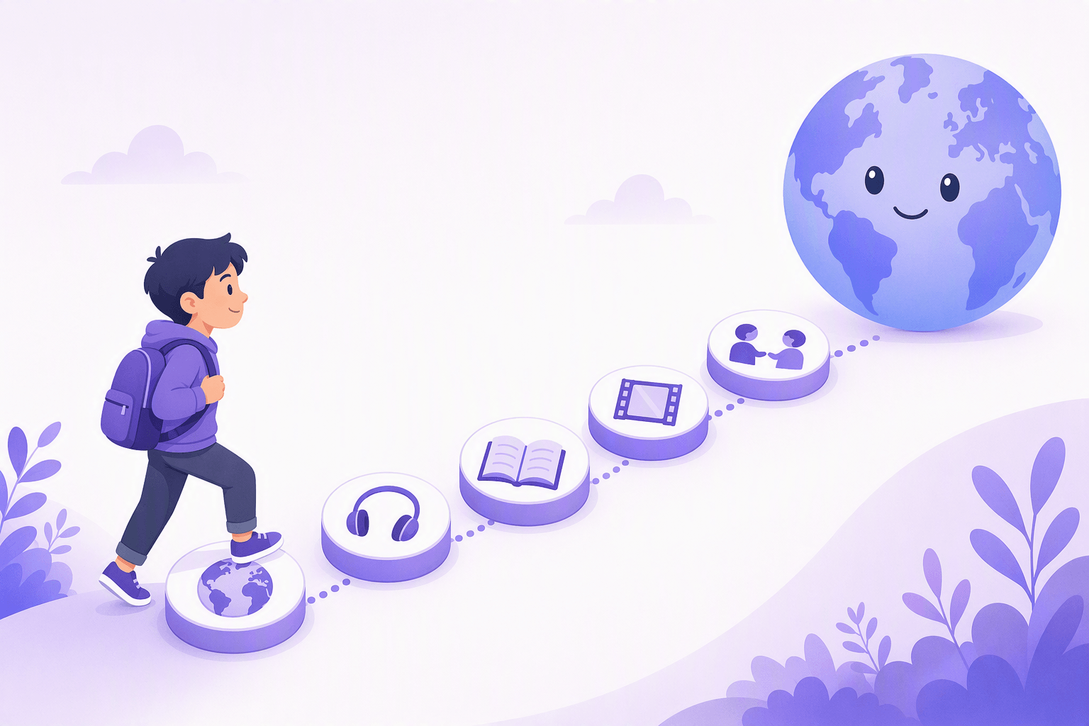 Learner with a backpack stepping onto the first of five rounded stepping stones that rise gently from left to right, each stone topped with a single icon for one way of learning: a globe, headphones, an open book, a film frame, and two small figures turned toward each other, with a dotted path linking the stones and leading to a large friendly globe