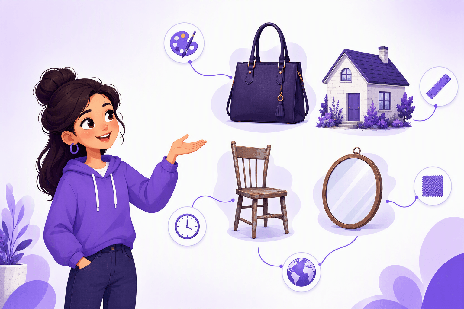 A learner pointing at everyday objects, each linked to an icon for a describable quality: color, size, age, material and origin