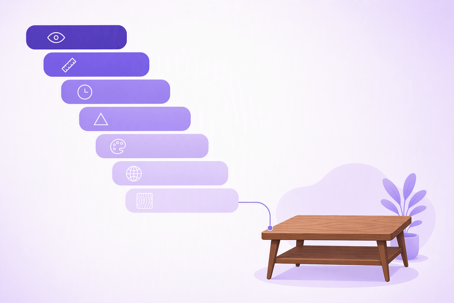 A cascading stack of blocks, each holding an icon for one adjective category, leading down to a wooden coffee table