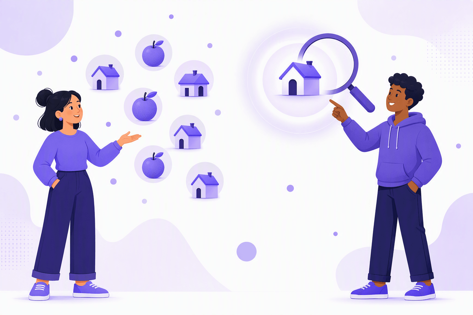 متحدث يشير إلى مجموعة من الأشياء المتطابقة بينما يشير آخر إلى شيء واحد مُبرَز تحت عدسة مكبرة، لتوضيح الفرق بين الاسم النكرة والاسم المعرَّف