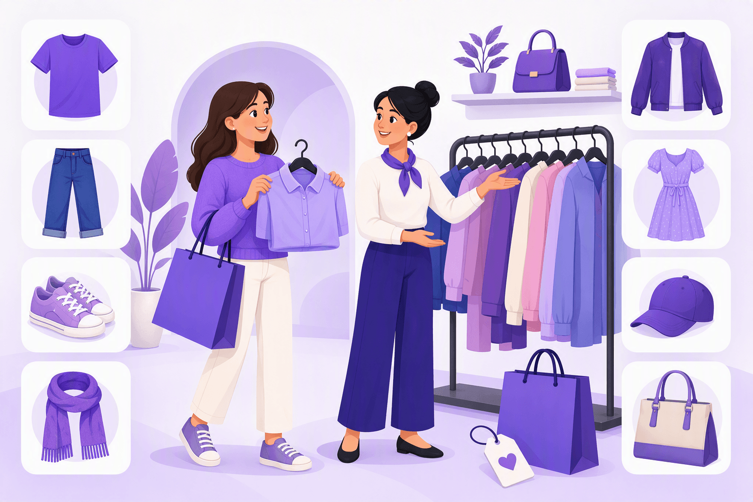 Flat vector illustration of a clothing store: a shopper holding a shirt on a hanger talks with a sales assistant beside a rack of clothes, surrounded by icons of a T-shirt, jeans, sneakers, a scarf, a jacket, a dress, a cap and a handbag