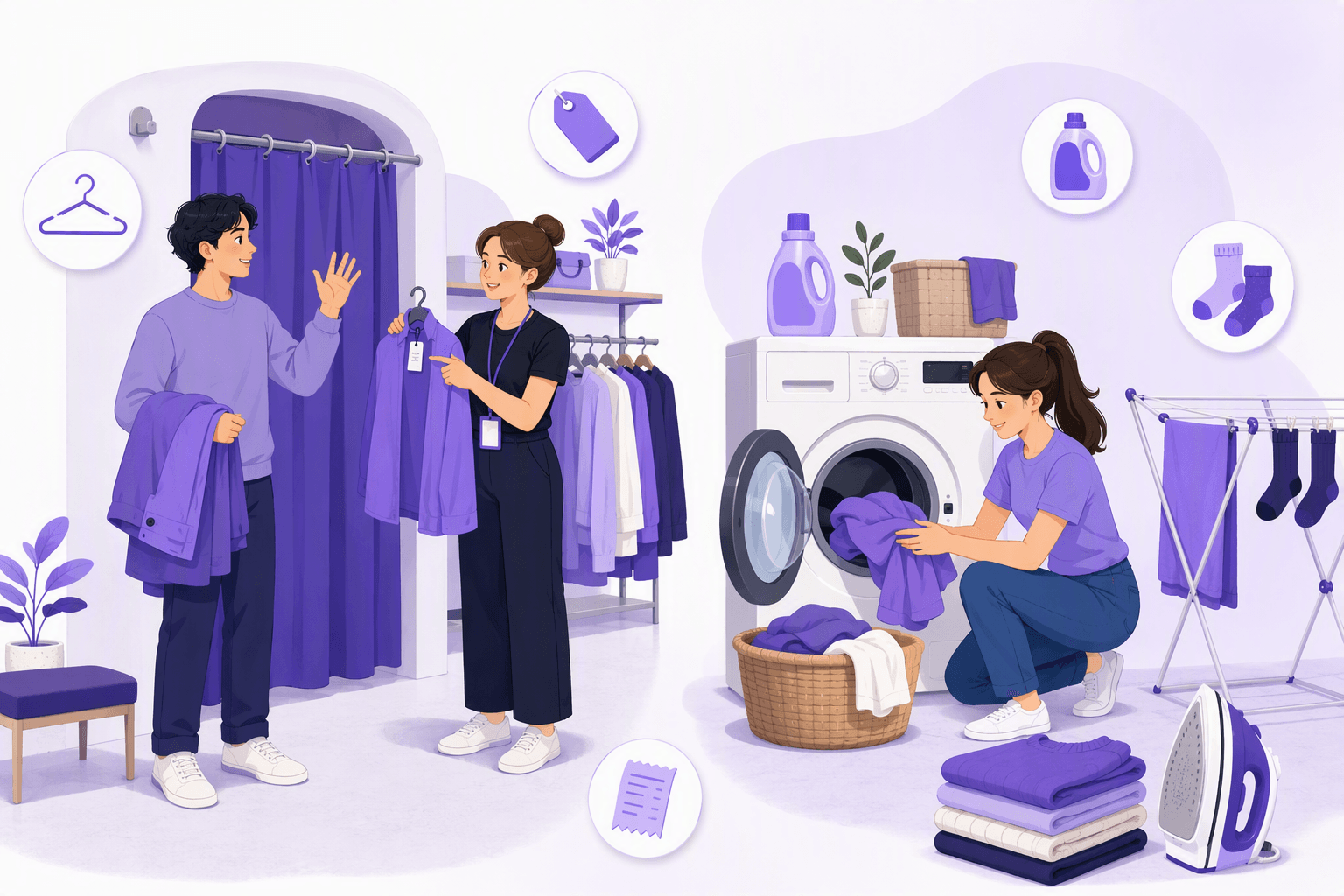 Flat vector illustration split in two: on the left a shopper by a fitting room curtain holds a jacket while a store assistant shows a garment on a hanger, on the right a person loads a washing machine next to a laundry basket, a drying rack with socks, folded clothes and an iron