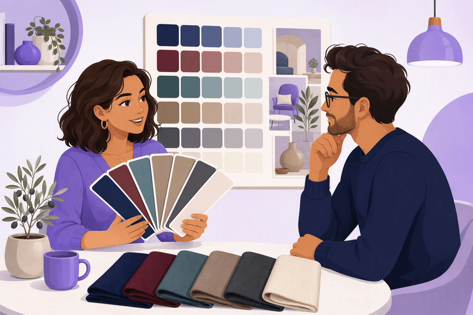 Two people comparing fabric swatches and paint chips in muted advanced shades: navy, burgundy, teal, taupe, charcoal and ivory