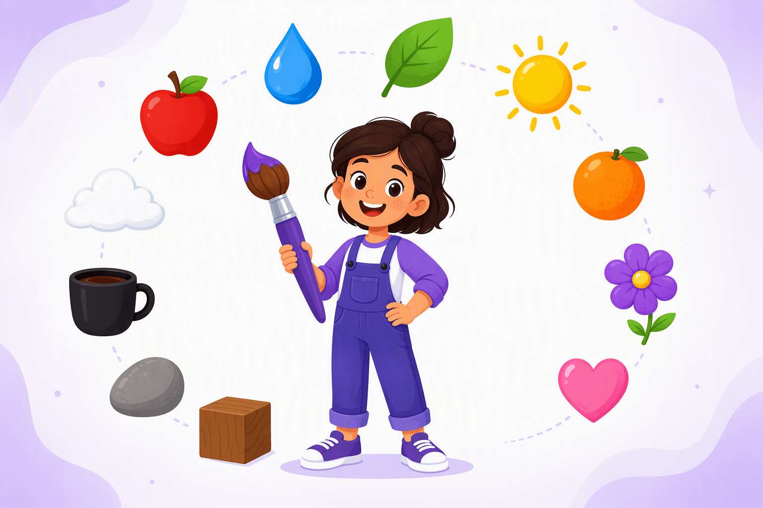 A young learner with a paintbrush surrounded by everyday objects in the eleven basic English colors