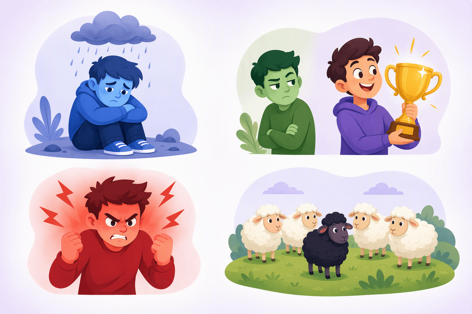 Four English color idioms as scenes: feeling blue, green with envy, seeing red, and the black sheep