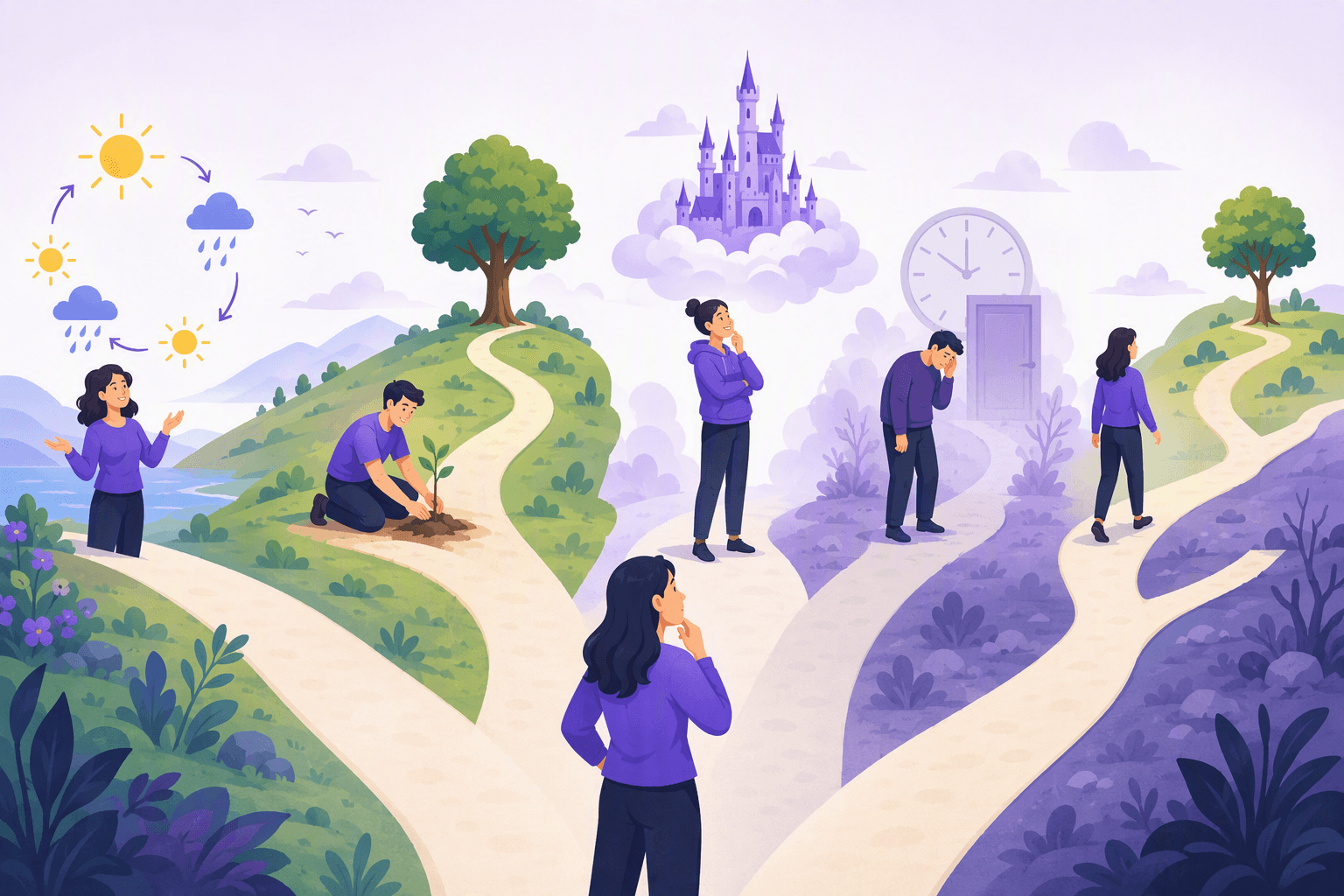 Flat-vector illustration of five connected conditional-situation scenes featuring a repeating weather cycle, a seed growing into a tree, an imagined castle in the clouds, a regretful person beside a faded clock and closed door, and a branching path linking a past choice to a present consequence.