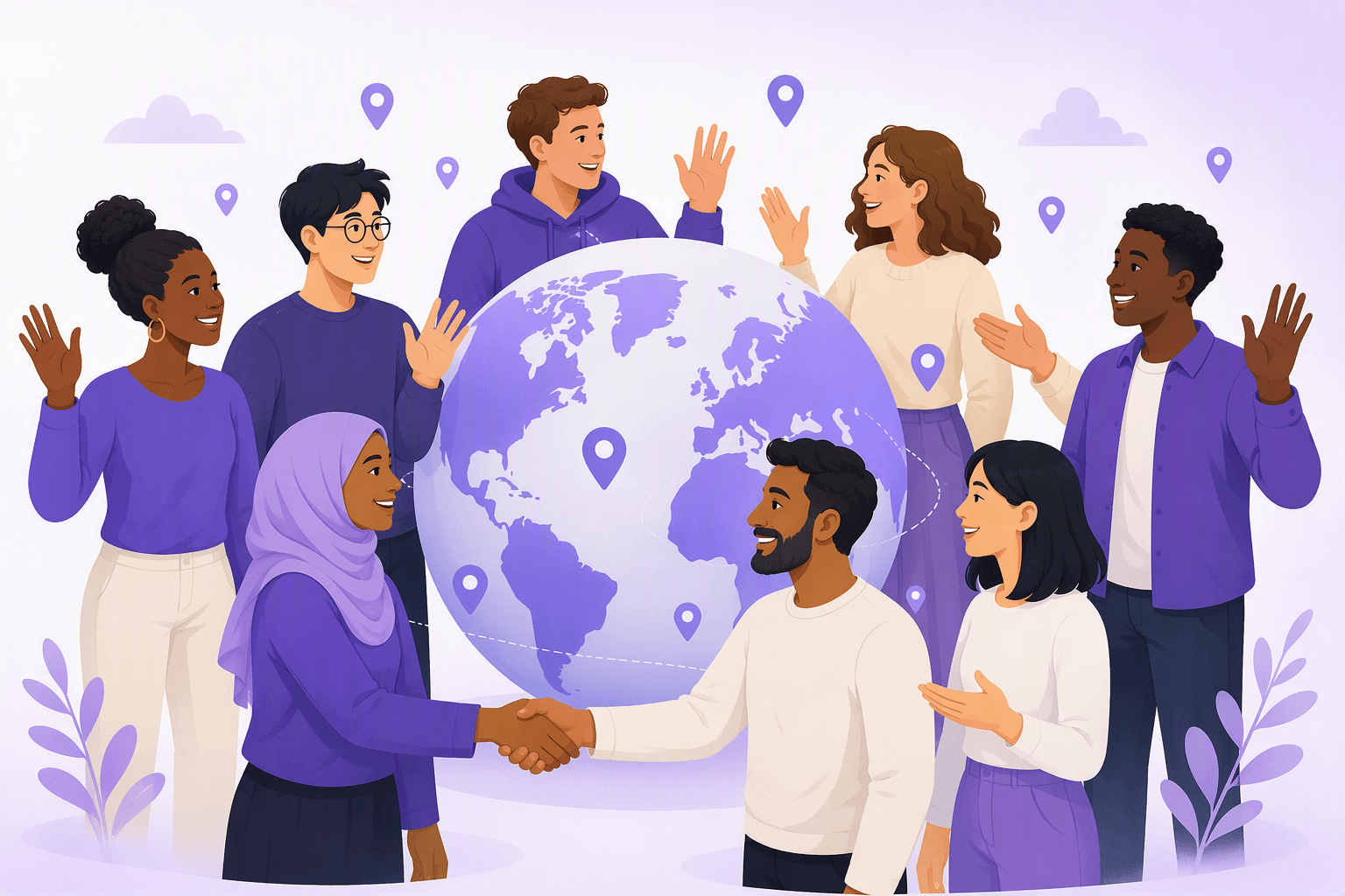 People from many countries greeting each other around a globe marked with location pins