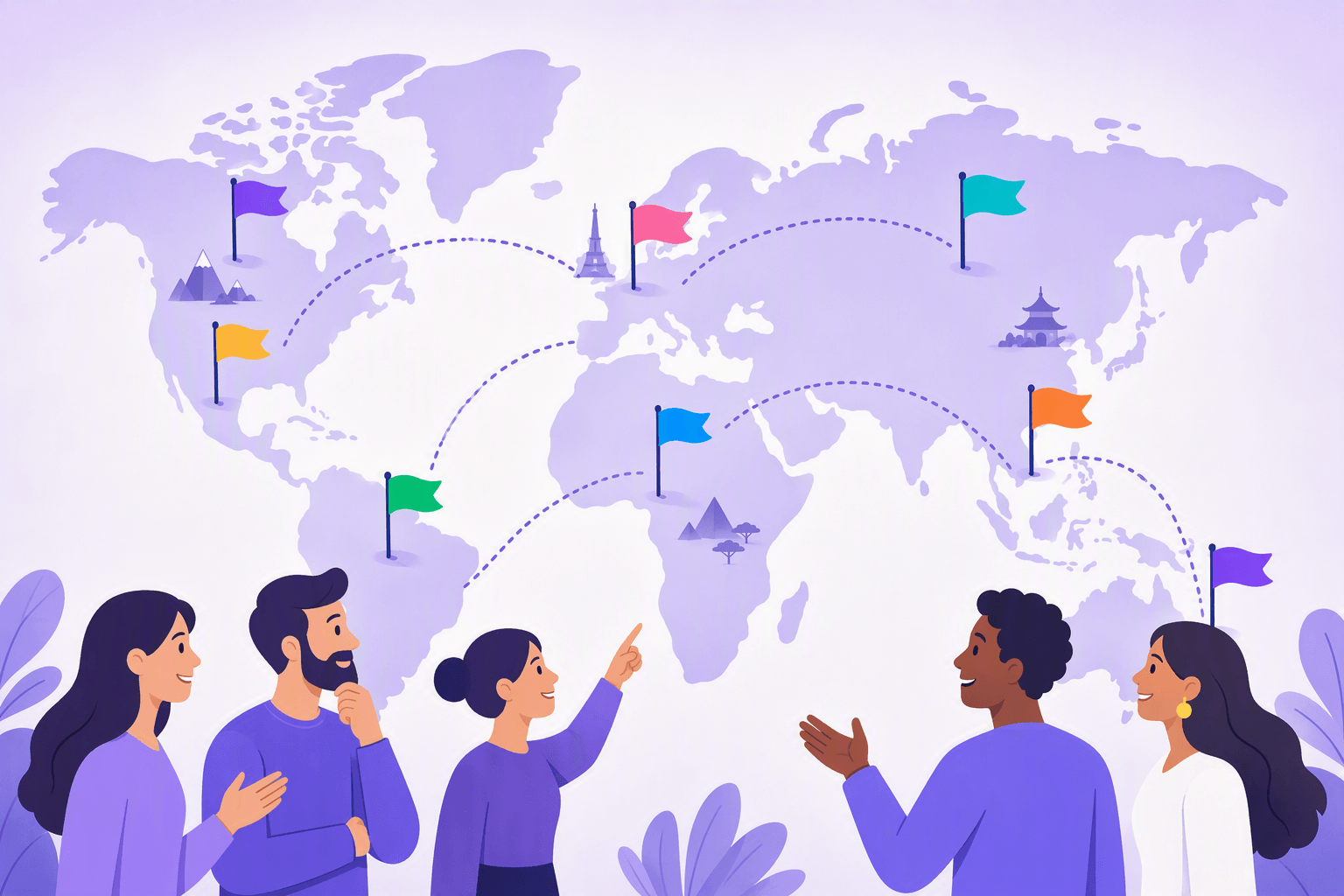 People pointing at a world map with coloured flags marking different countries and travel routes