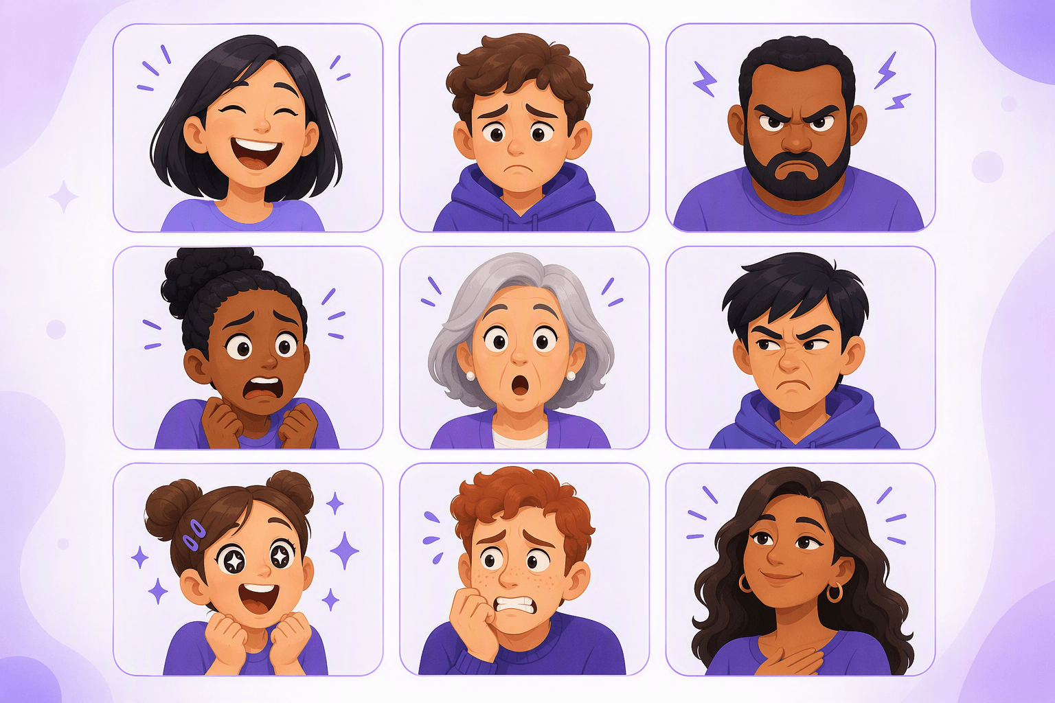 A grid of nine faces, each showing one basic emotion through eyebrows, eyes and mouth