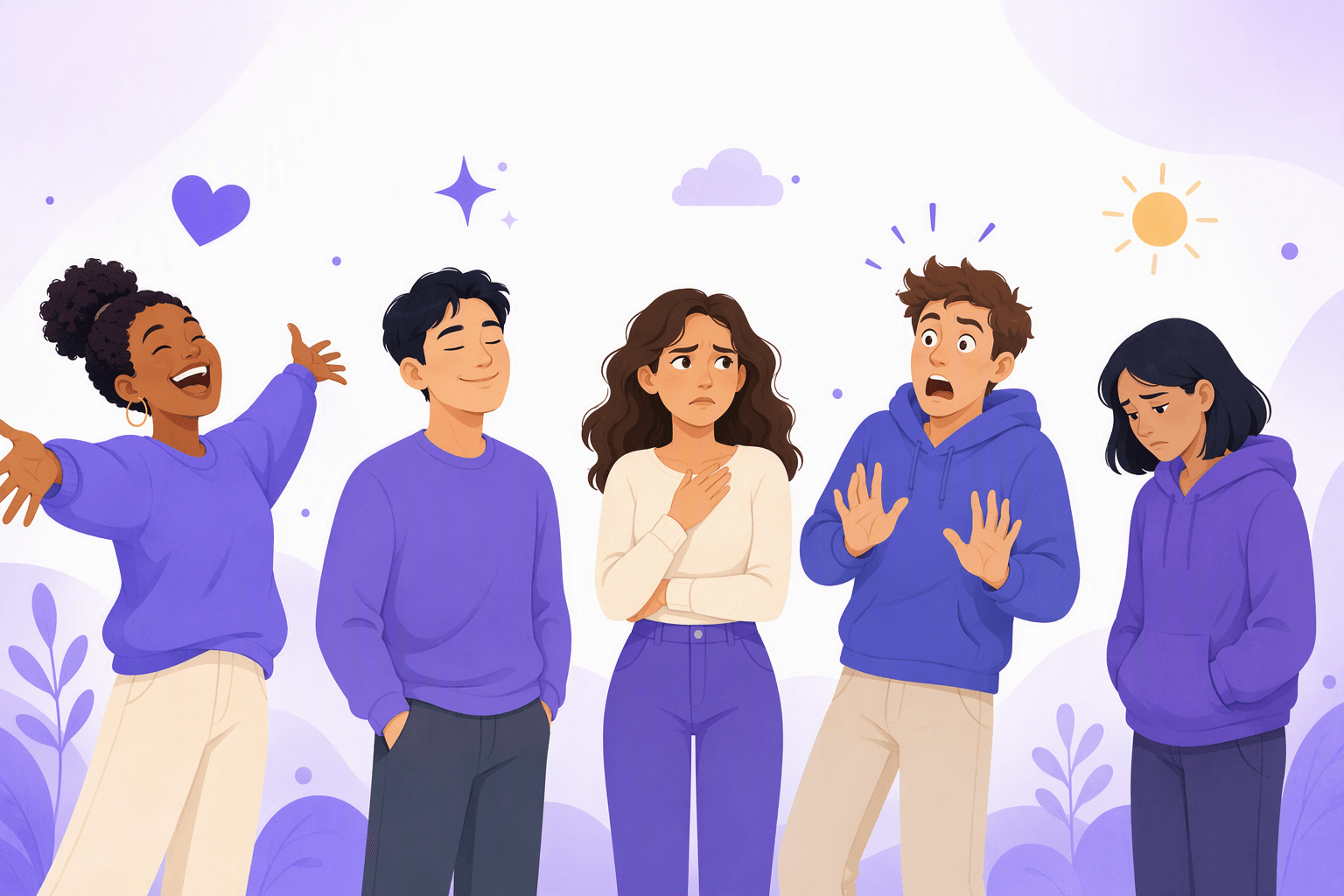 Five people side by side, each showing a different emotion: joy, calm contentment, worry, surprise and sadness