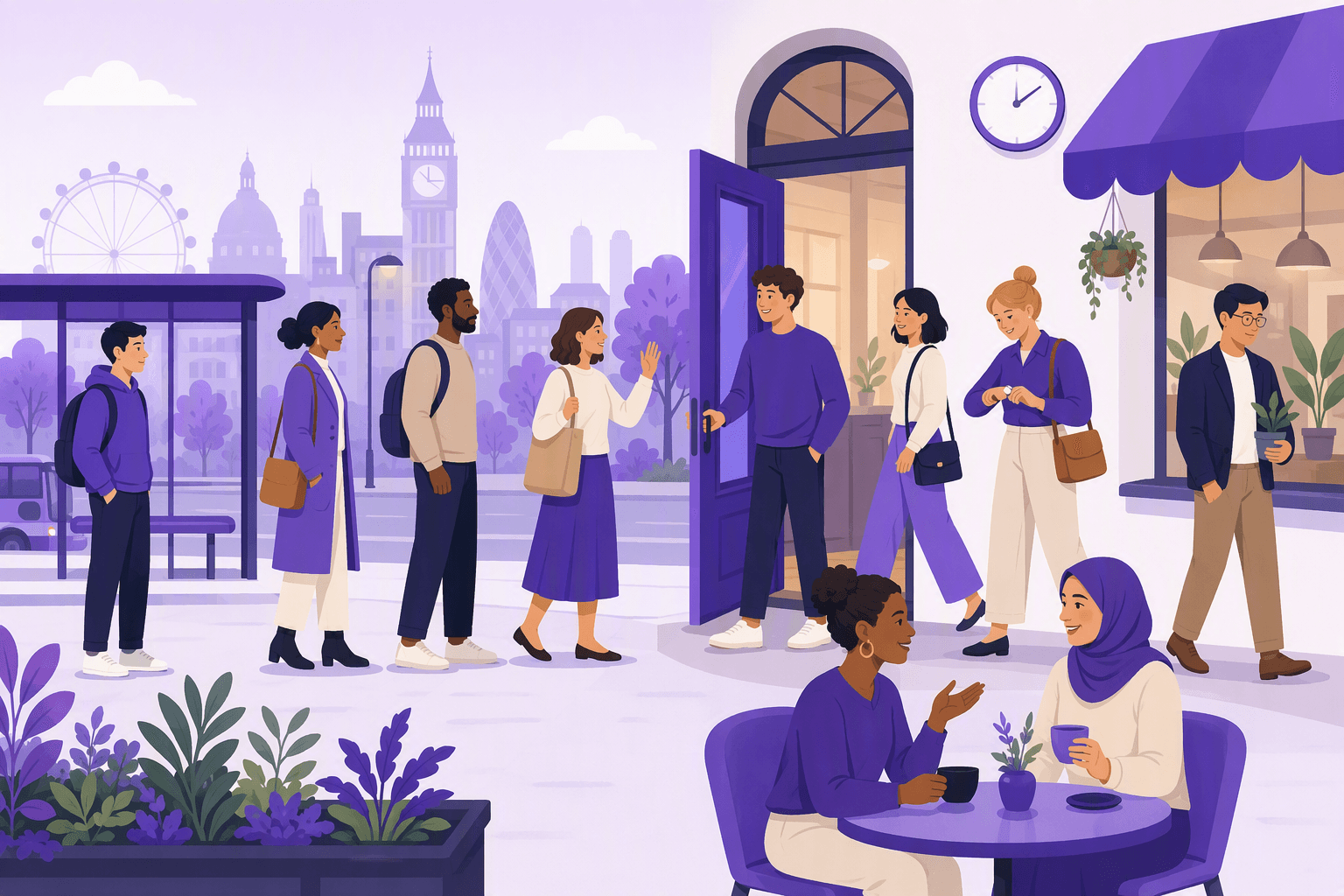 Flat-vector scene showing diverse people demonstrating everyday etiquette by greeting, queuing respectfully, keeping personal space, holding a door, arriving on time, and conversing politely near a café, bus stop, and city street.