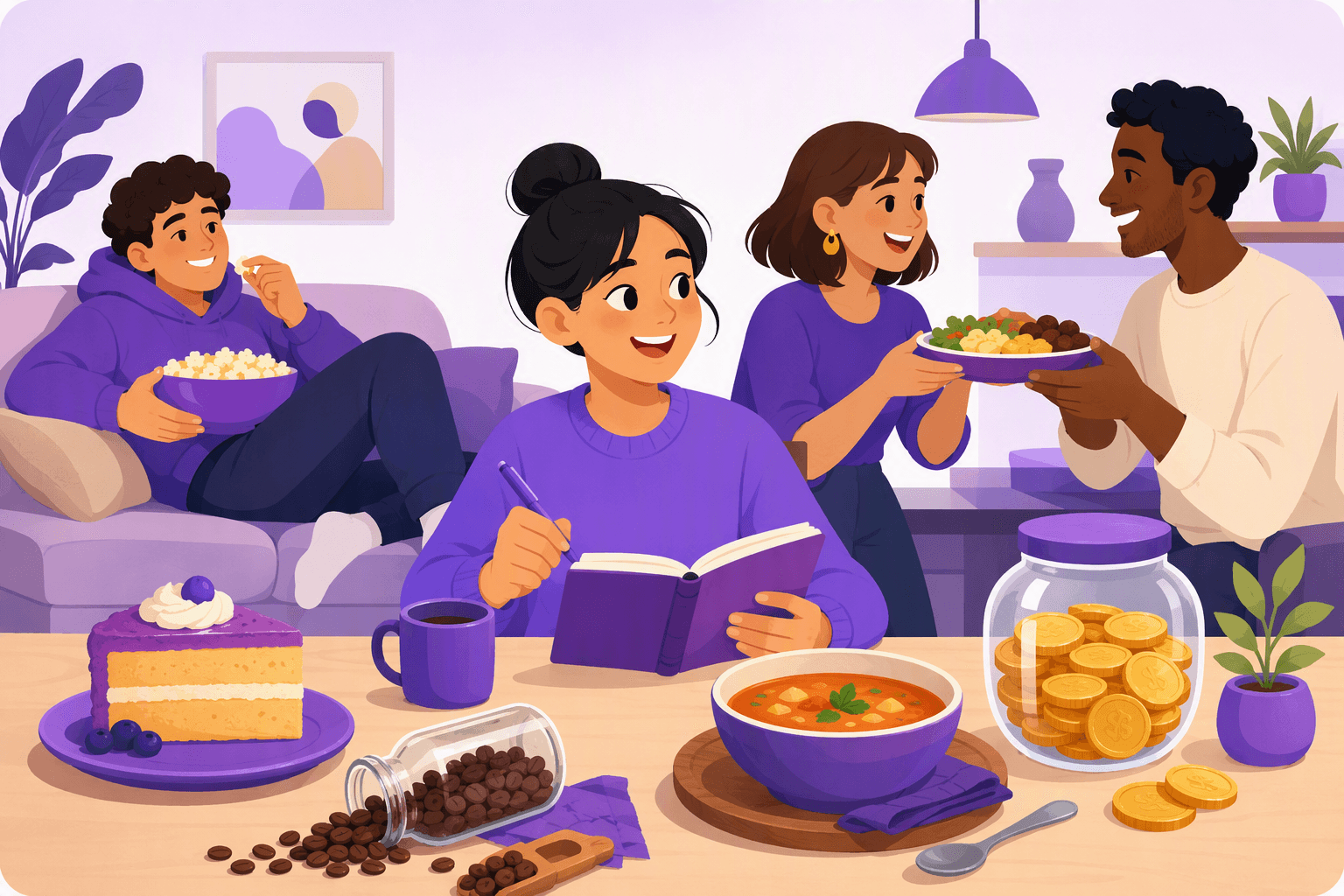 Flat-vector scene showing a language learner at a kitchen table with cake, spilled beans, soup, a couch potato, a coin jar, and two friends sharing food.