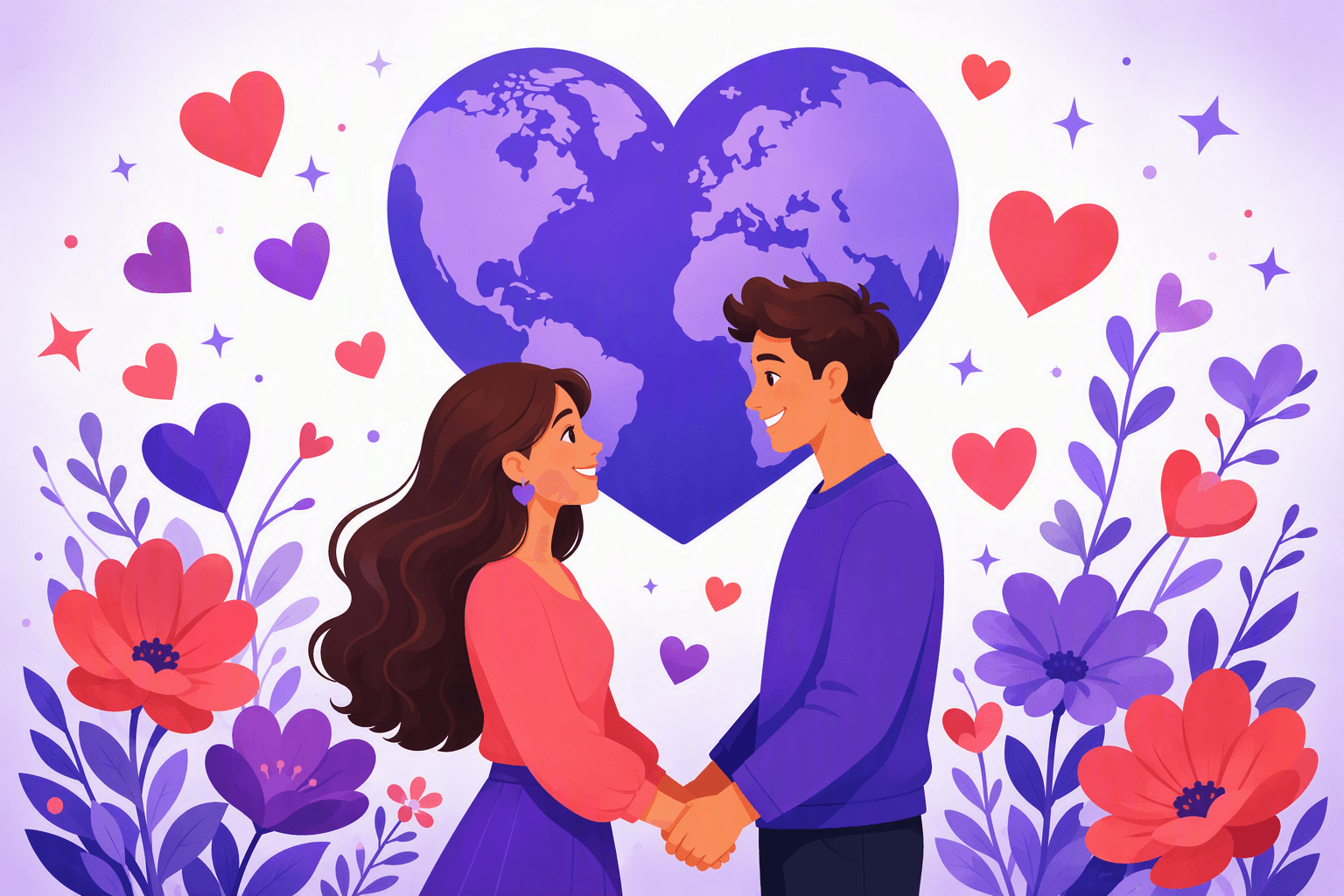 Flat-vector scene of a smiling couple holding hands beneath a heart-shaped globe, with smaller hearts, flowers, and stars around them.