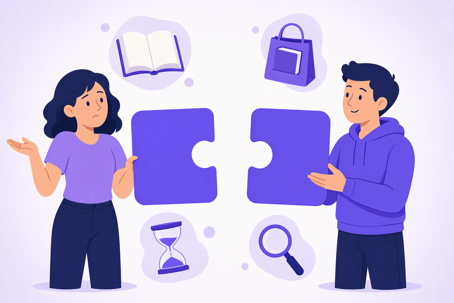 Two people holding puzzle pieces that look alike but do not fit together, surrounded by icons of a book, a shopping bag, an hourglass and a magnifying glass