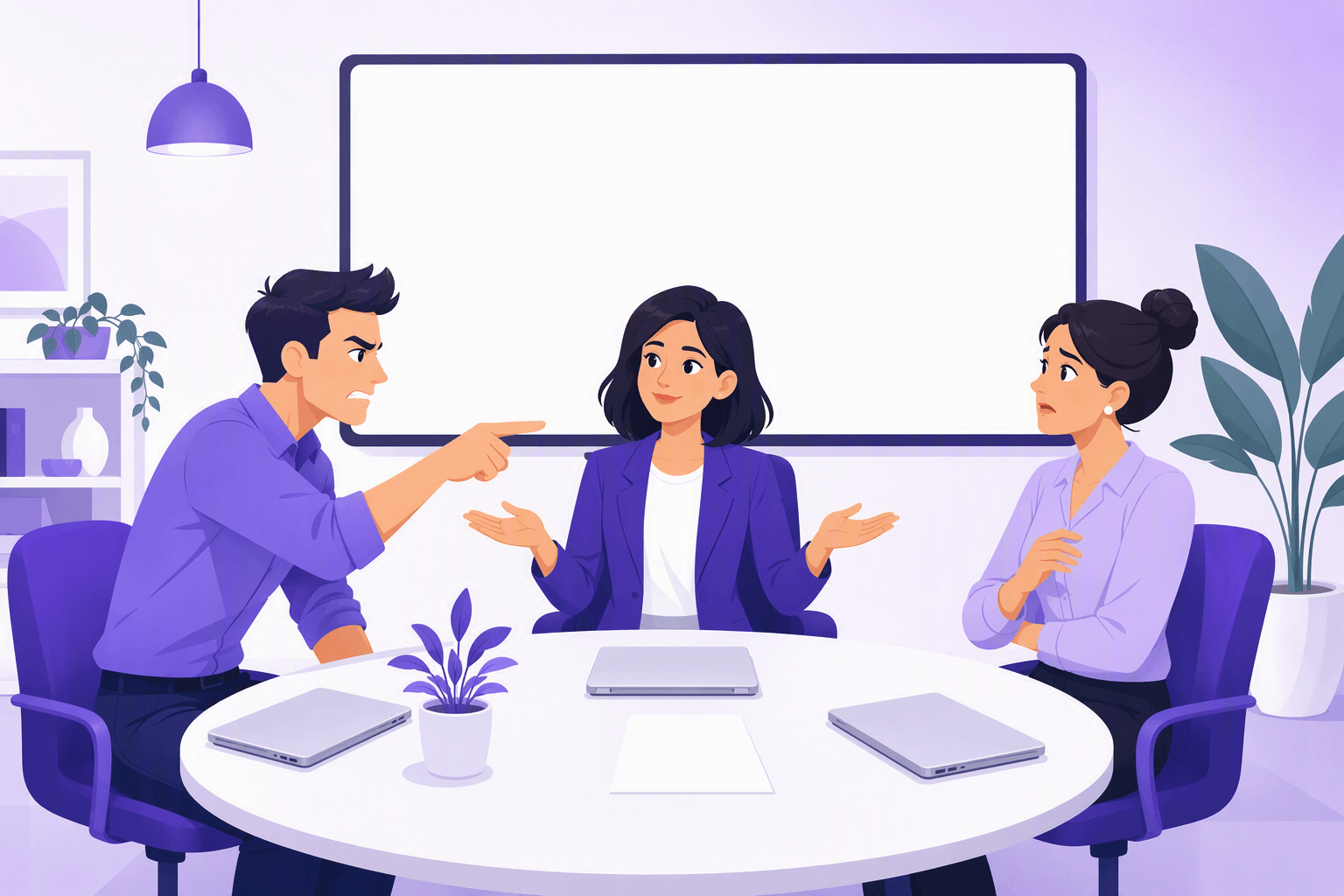 Office meeting where one colleague points forcefully, another reacts uncomfortably and a third mediates with open palms