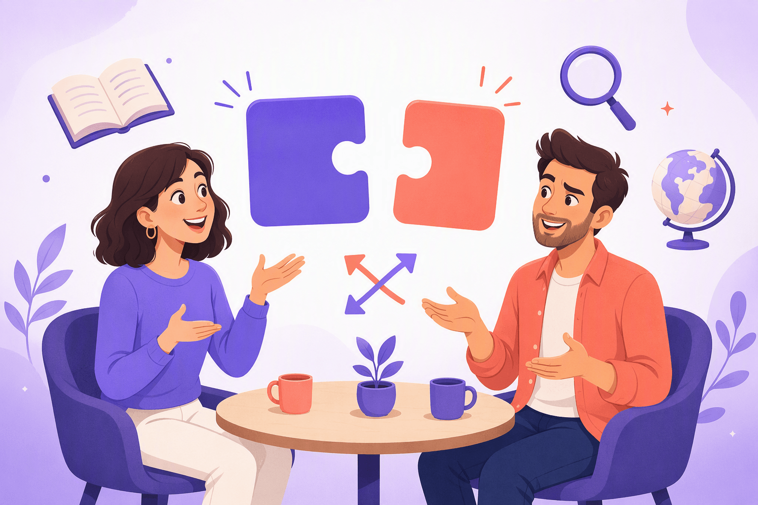 Two speakers at a table with two lookalike puzzle pieces that do not fit together, illustrating English-Spanish false friends