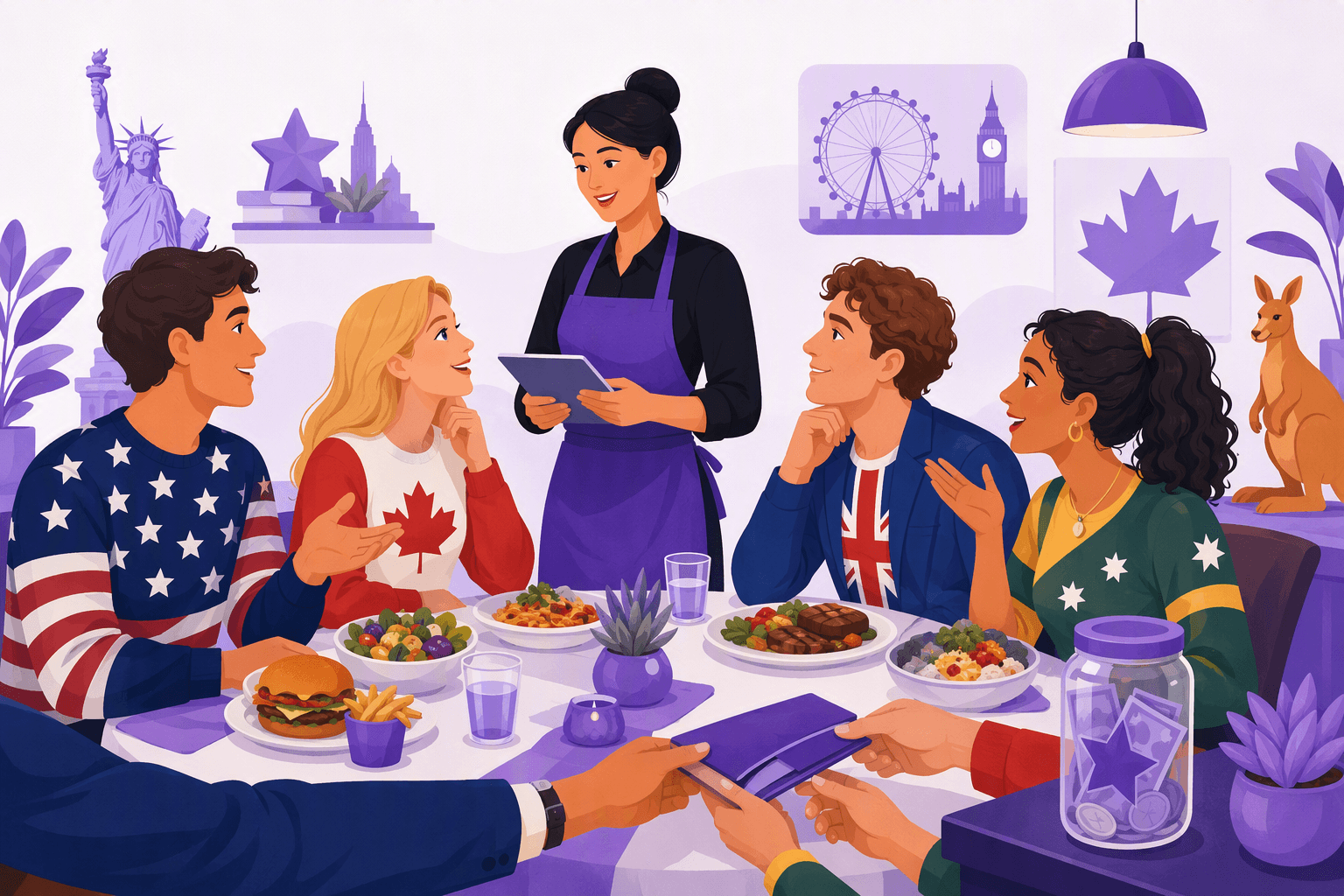 Flat-vector scene of diverse diners from several English-speaking regions sharing a meal, politely interacting with a server, making small talk, and splitting a bill near a tip jar.