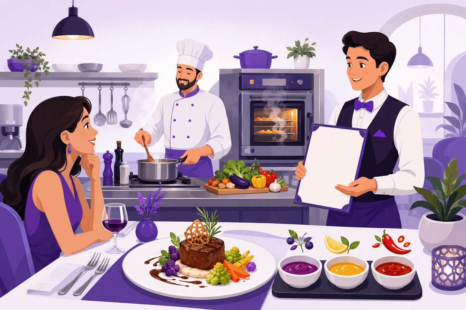 Flat-vector scene showing a gourmet meal, fresh ingredients, varied sauces, cooking equipment, a chef, and a server holding an unmarked menu card in a restaurant kitchen.
