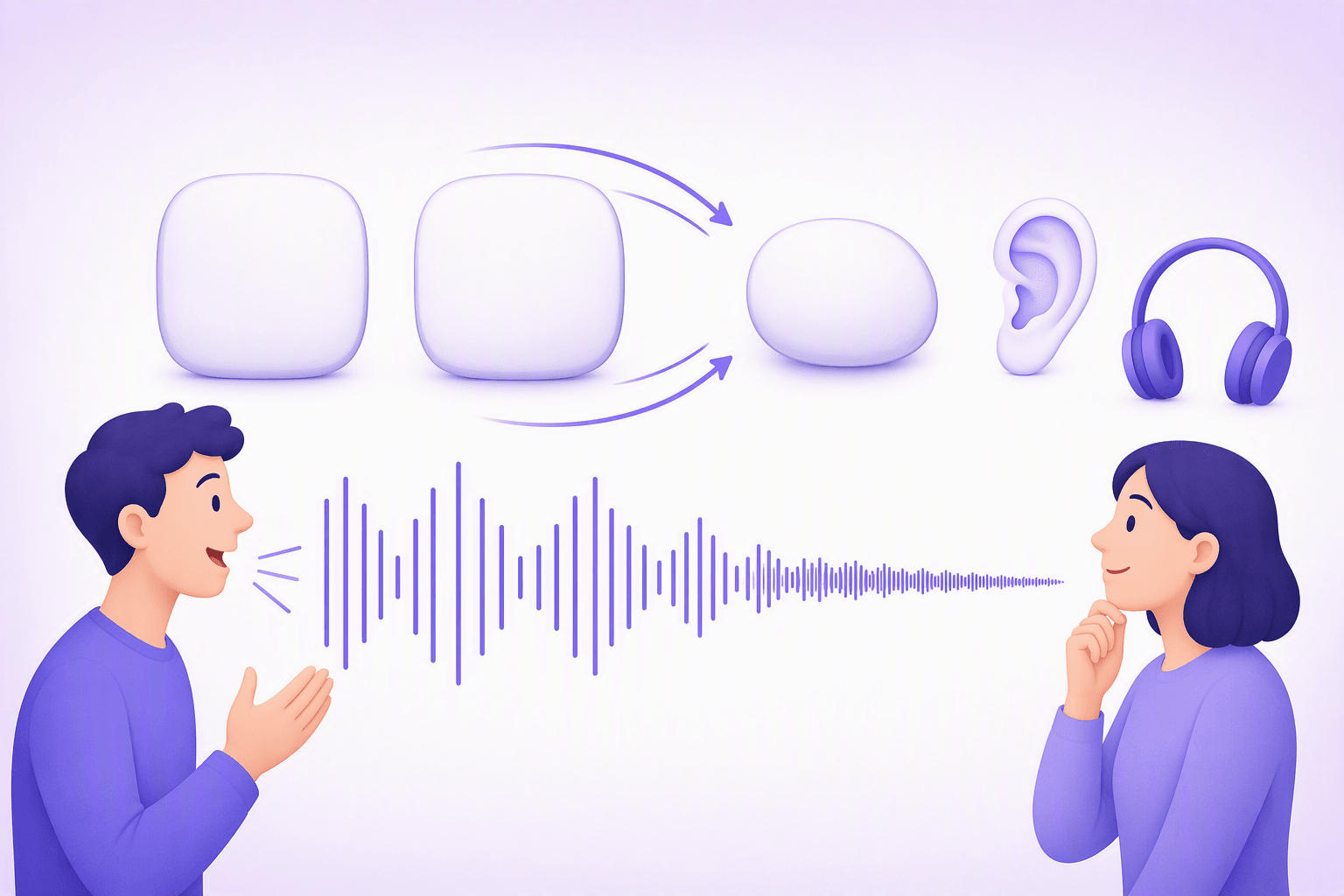 Abstract illustration of two separate rounded blocks being pulled together by curved arrows into one smaller smooth shape, above a sound wave that starts wide and becomes tightly compressed, with a speaking figure on the left and a listening figure on the right, a visual metaphor for how future forms shrink in fast speech
