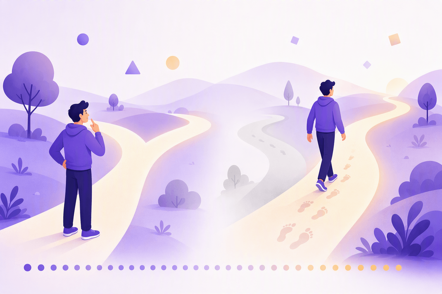A person hesitating at a fork in the path on the left, and the same person on the right walking a chosen path with footprints already behind them