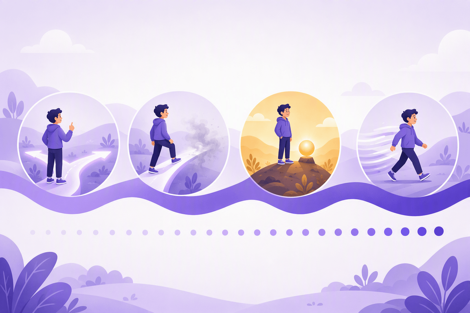 Timeline illustration of one decision in four stages: hesitating at a fork, stepping onto one branch, standing at a finished destination in warm light, and walking onward in motion