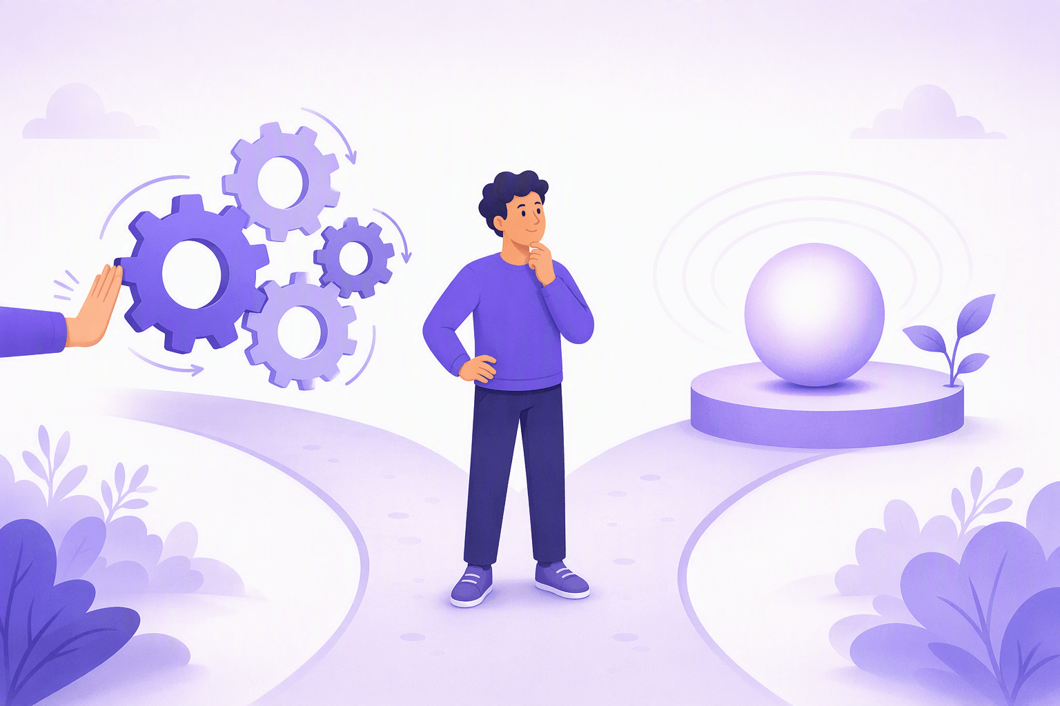 A person at a fork in the path, one branch leading to turning gears pushed by a hand and the other to a finished glowing sphere on a pedestal, showing the choice between an action and a result