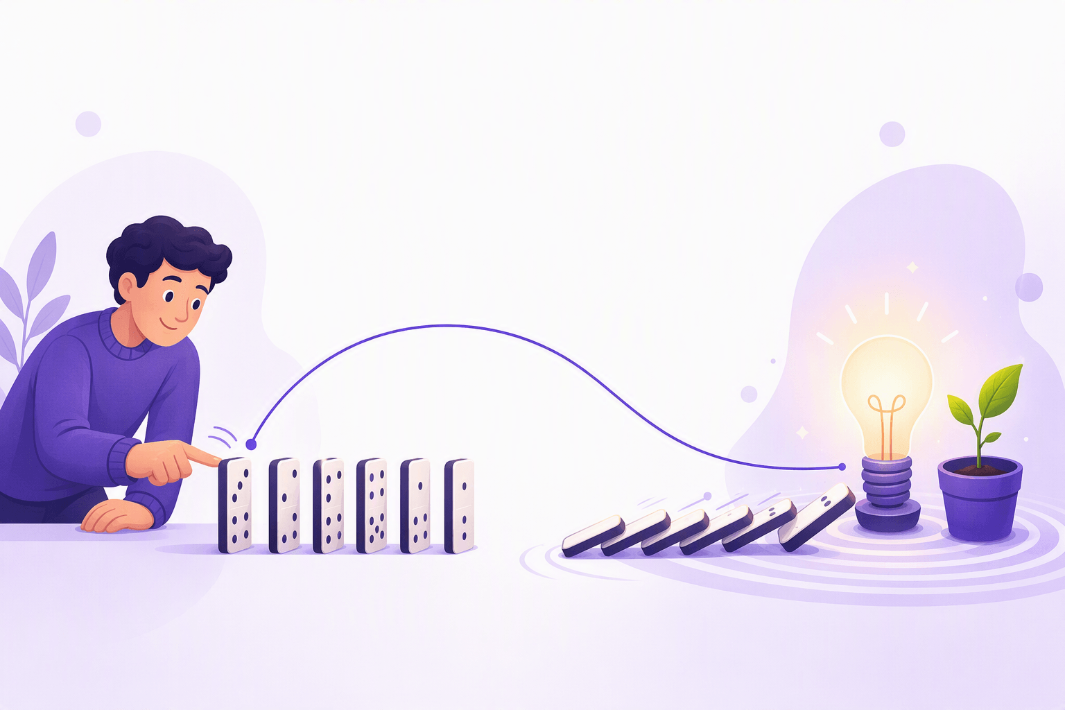 A hand tipping the first domino in a chain that ends in a glowing lightbulb and a sprouting plant, illustrating an action and the result it produces