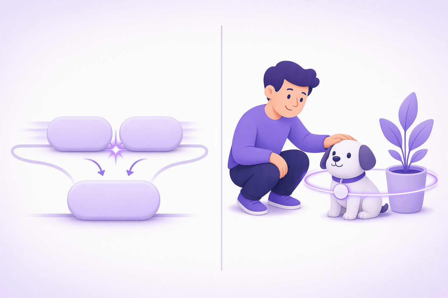 Split illustration: on one side two rounded blocks slide together and fuse into a single block, on the other side a person rests a hand on a dog beside a potted plant inside a glowing ring of belonging