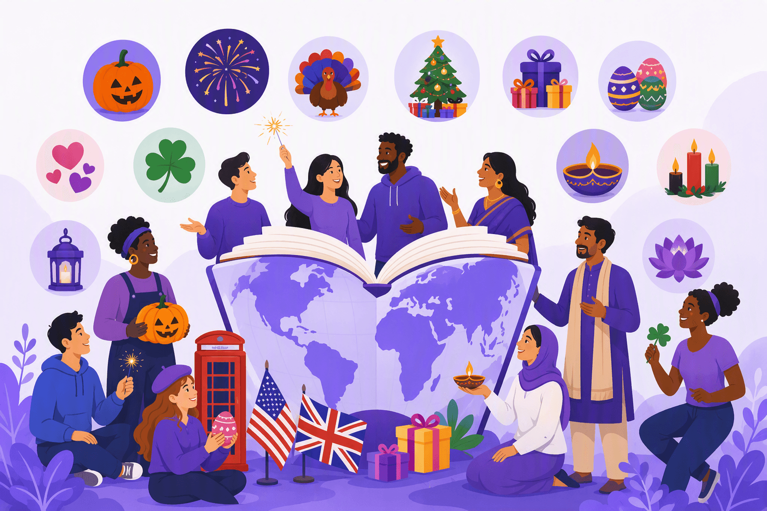 A flat-vector illustration shows diverse people gathered around an open globe-shaped book with fourteen holiday symbols, including pumpkins, fireworks, a turkey, Christmas decorations, eggs, hearts, shamrocks, candles, a red telephone booth, a U.S. flag, and a Union Jack.