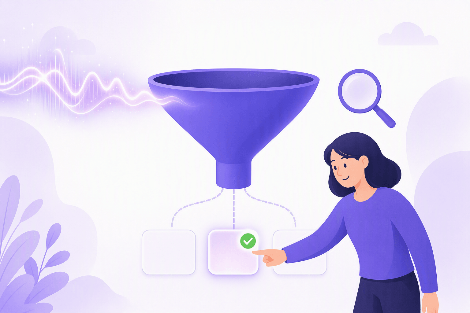 One sound wave entering a funnel and splitting into three blank cards below, where a person points at the single card marked with a green check, showing how a quick test filters identical sounds down to one correct spelling
