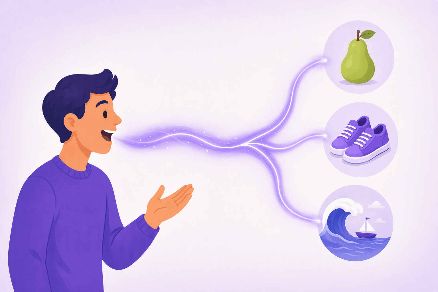 A speaking person whose single glowing sound wave splits into three branches ending at a pear, a pair of shoes and a sea wave, showing one identical sound leading to different meanings