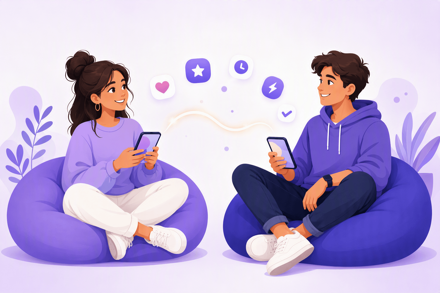 Two friends texting each other from their own seats, with small reaction icons floating between their phones