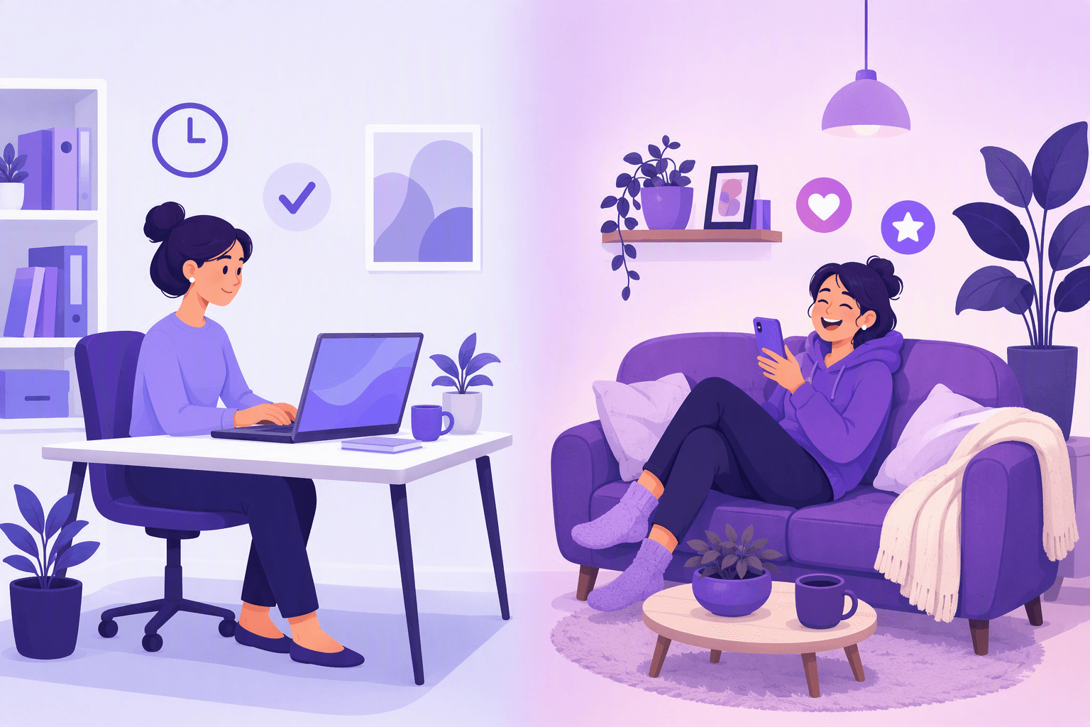 Split illustration contrasting a calm, focused work chat at a desk with a relaxed, laughing friend chat on the sofa