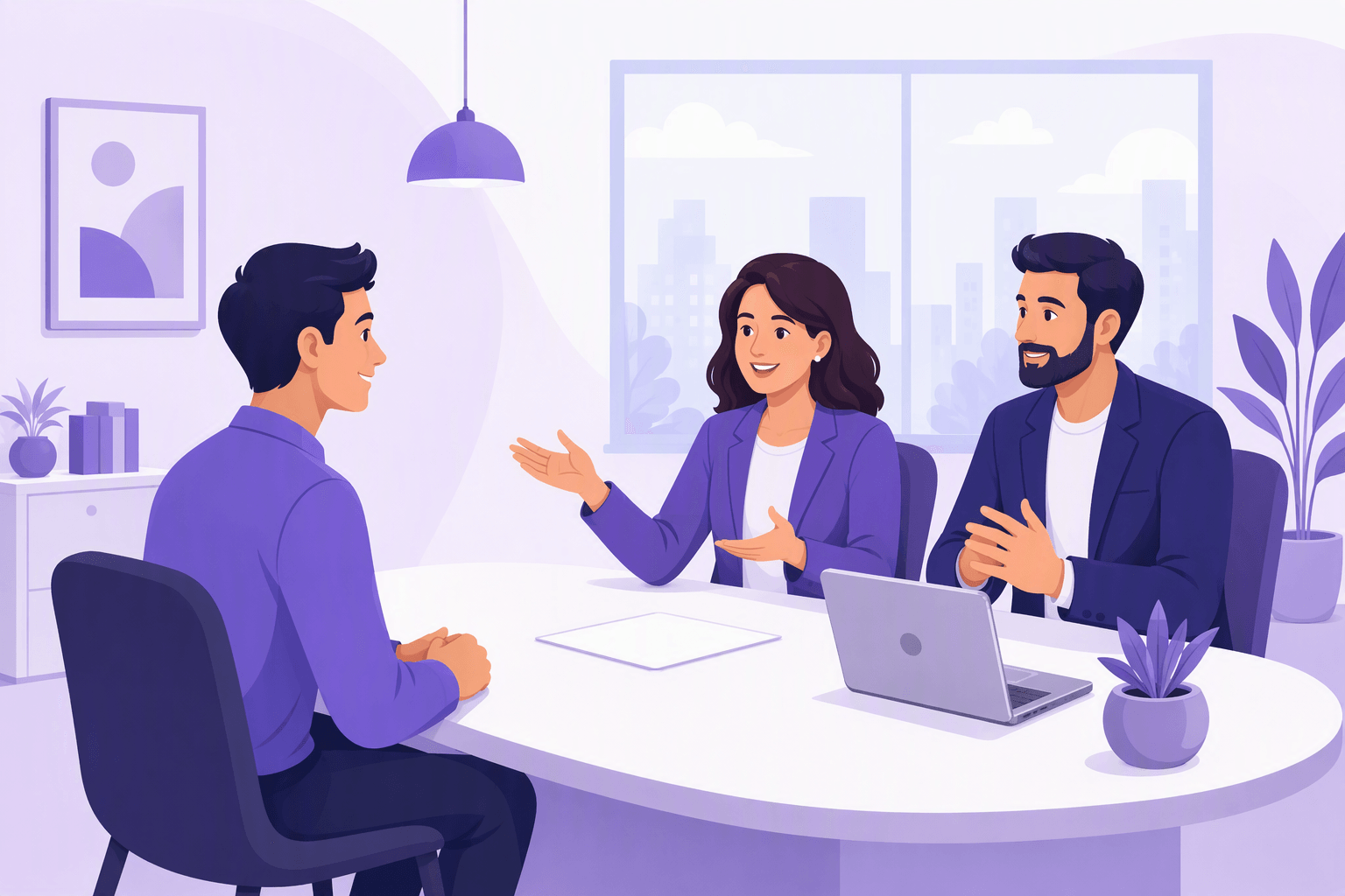 A candidate and two interviewers talking across a desk in a bright office
