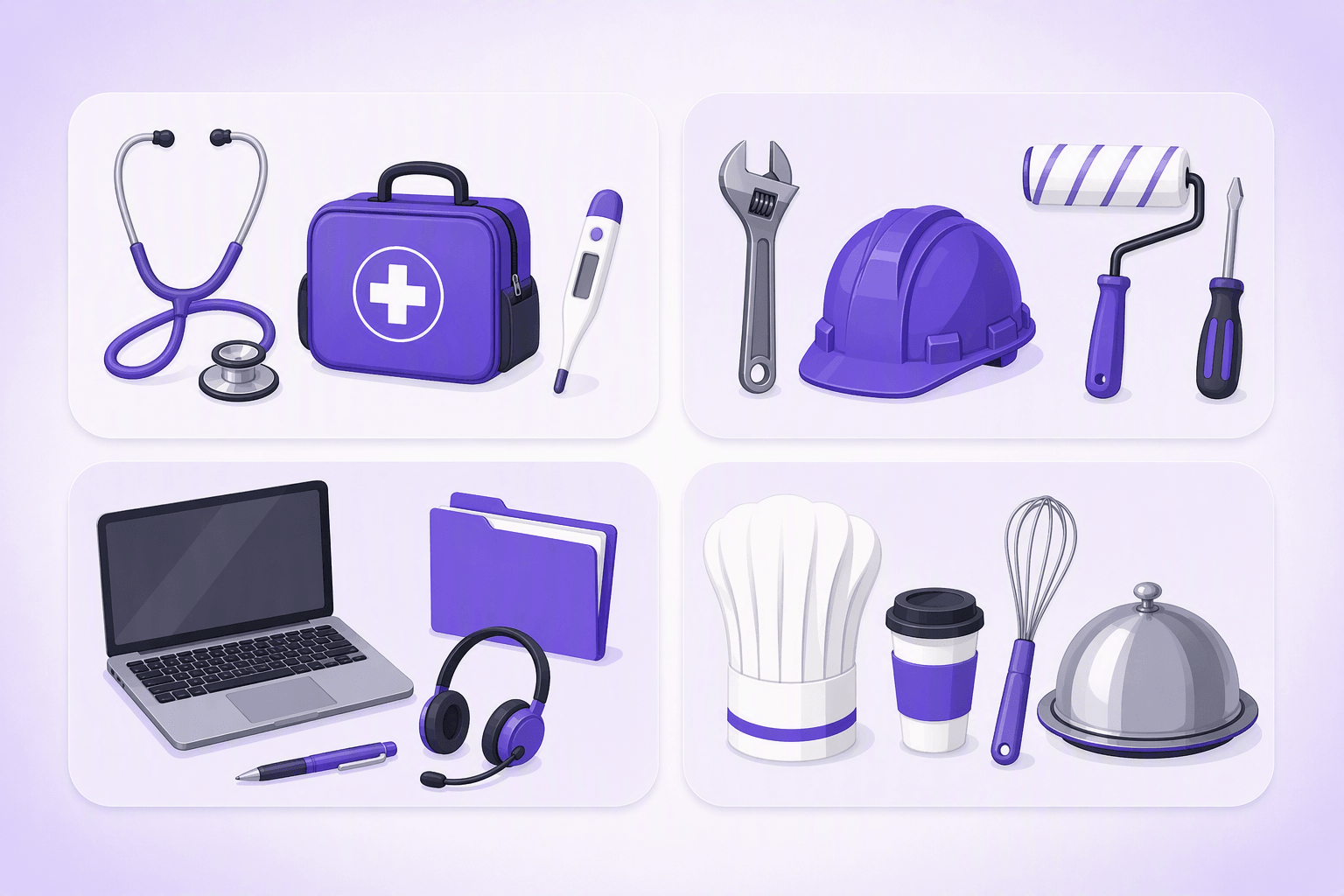 Tools grouped into four occupational families: healthcare, trades, office work and food service