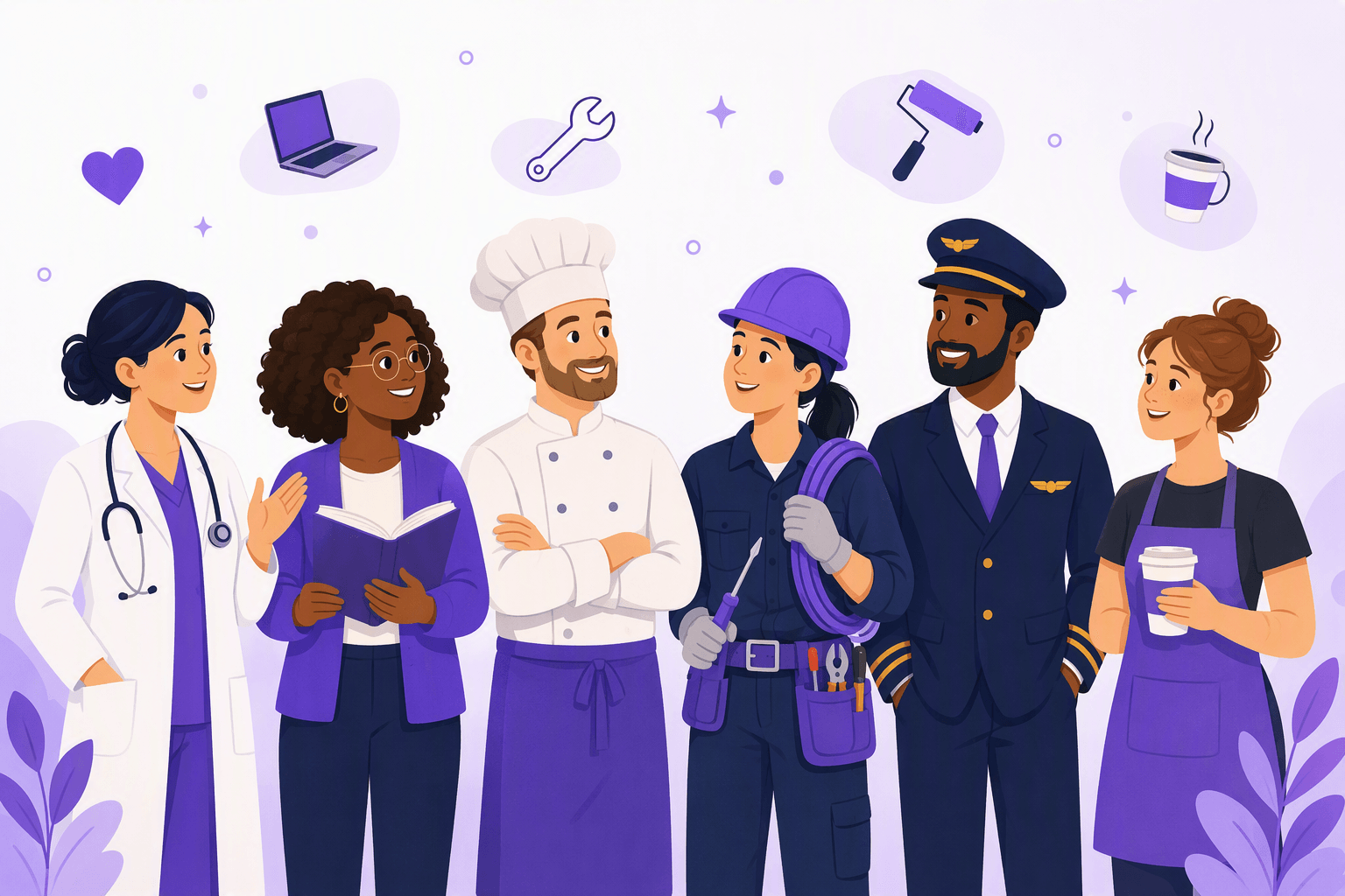 Six people in recognizable work outfits standing together: a doctor, a teacher, a chef, an electrician, a pilot and a barista
