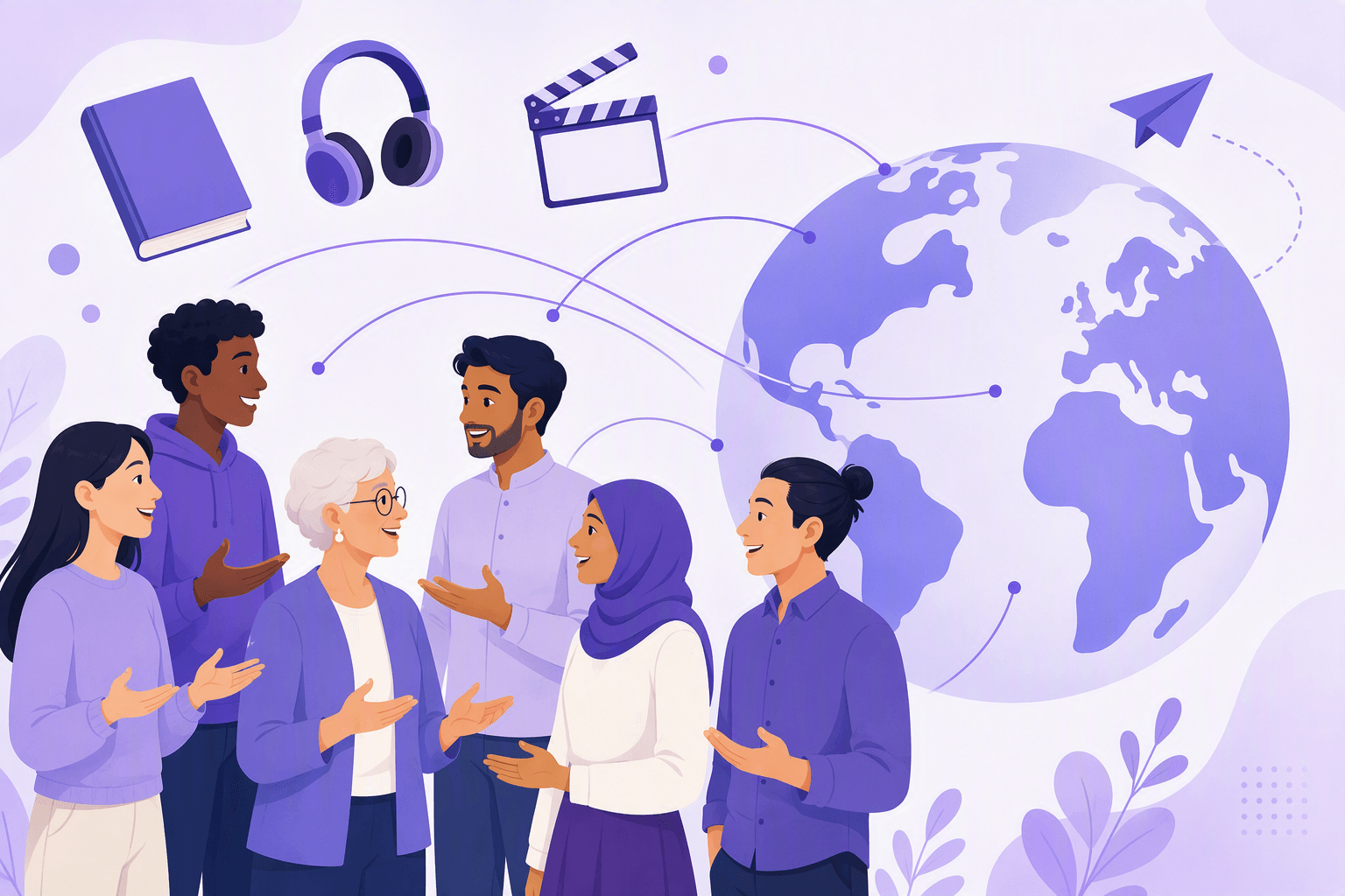 Diverse speakers in conversation beside a globe, illustrating English as a global lingua franca