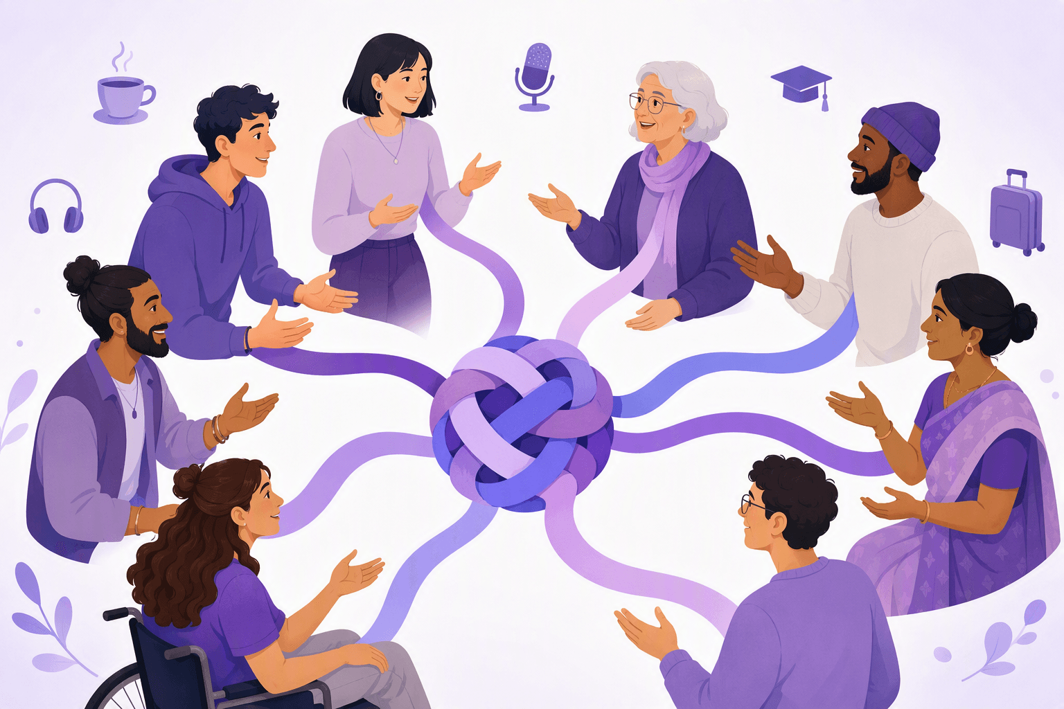 Speakers from many backgrounds whose ribbons of speech braid into one shared knot, illustrating the standard and regional varieties of English