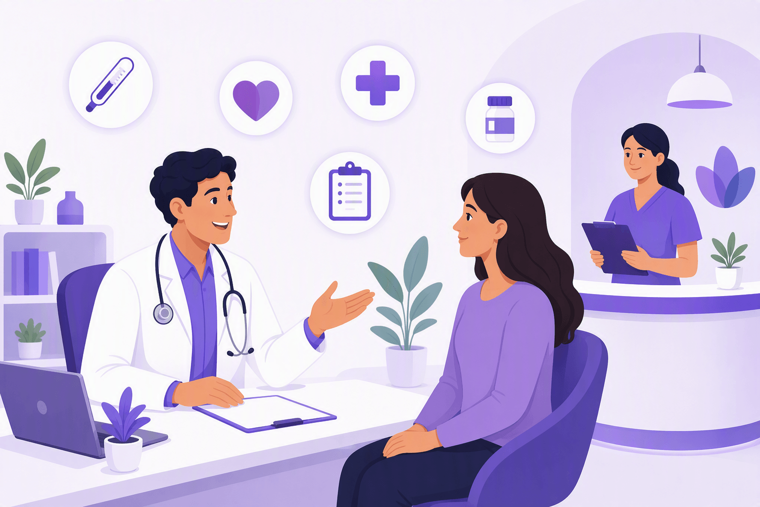 A doctor and a patient talking across a desk in a bright clinic, with a nurse at the reception counter and simple icons for a thermometer, a clipboard, and a pill bottle