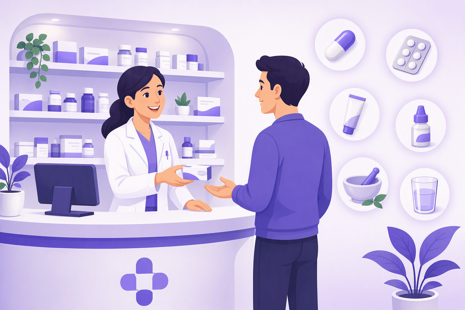 A pharmacist handing a small medicine box across the counter to a customer, with shelves of medicine boxes behind and icons for a capsule, a tablet blister pack, a cream tube, and eye drops