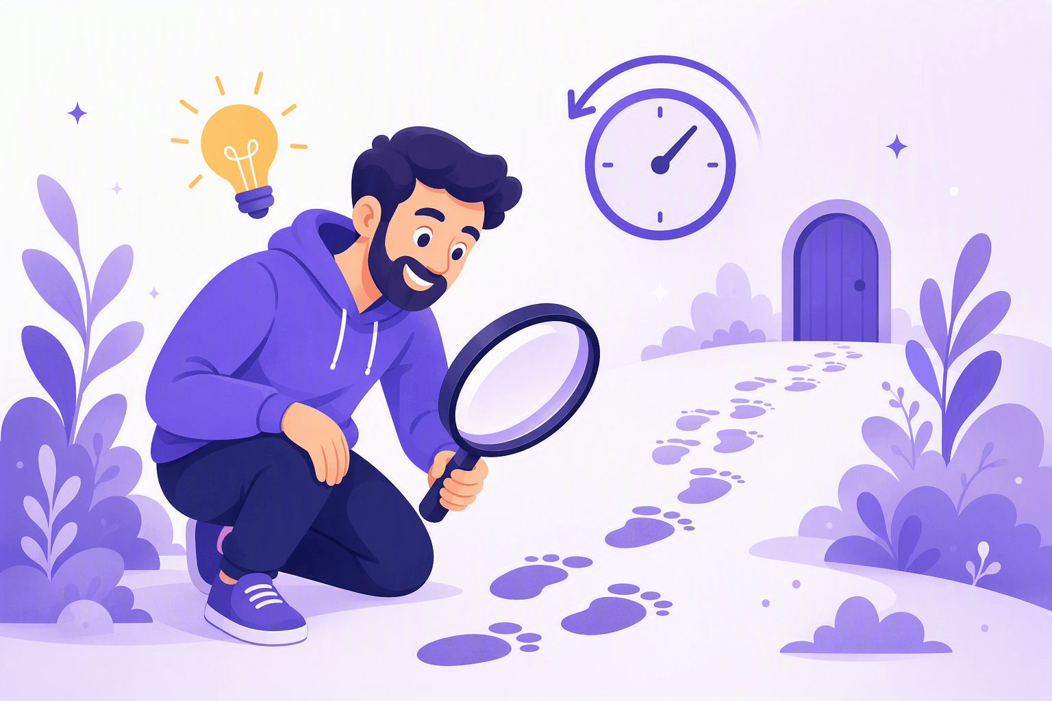 A person kneeling with a magnifying glass over a trail of footprints leading back to a closed door, with a clock circled by a backward arrow and a glowing lightbulb, showing how modal perfect forms draw conclusions about the past