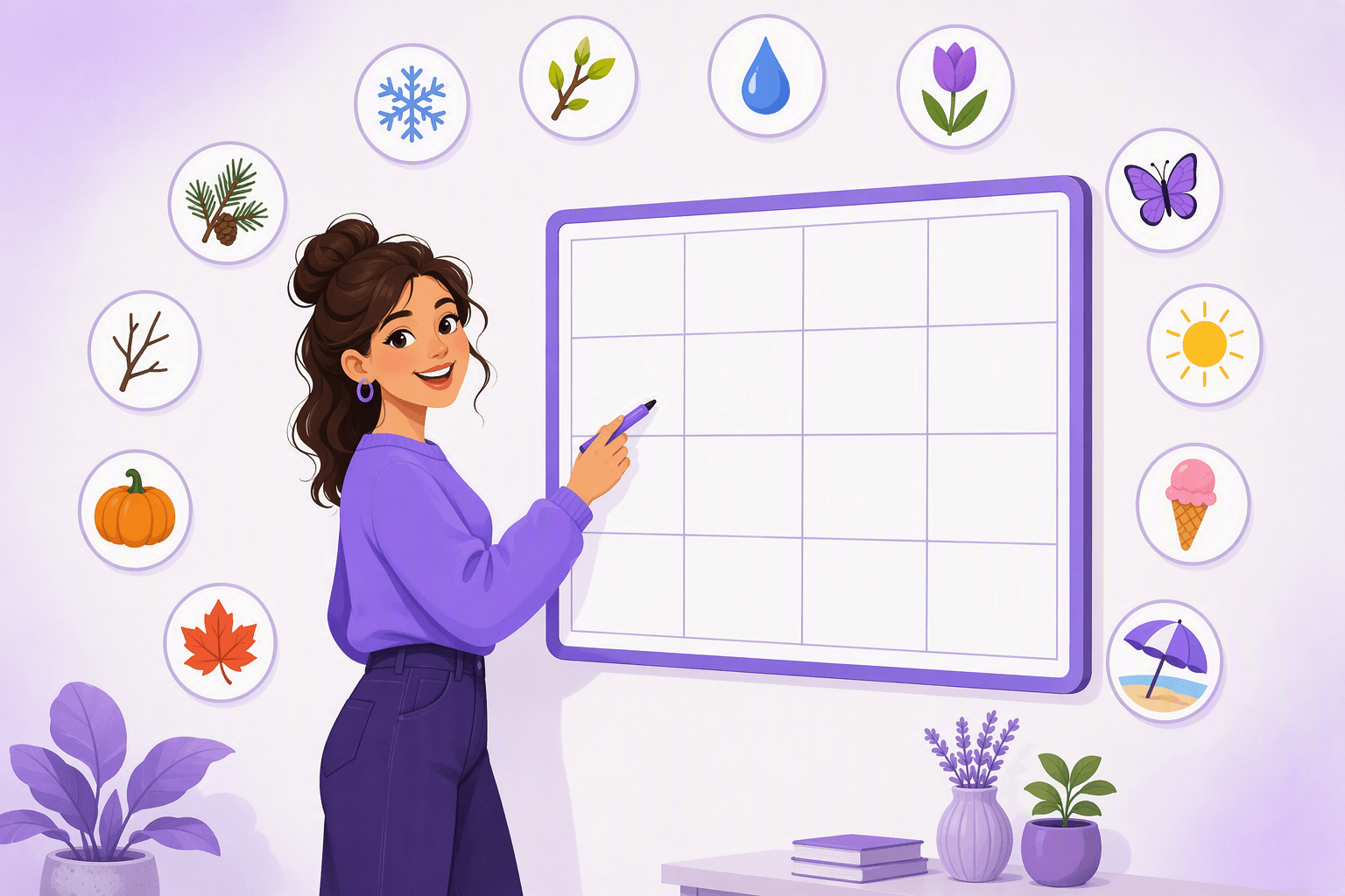 A woman at a blank wall planner, surrounded by twelve small circular icons of the seasons: snowflake, bud, raindrop, tulip, butterfly, sun, ice cream, beach umbrella, maple leaf, pumpkin, bare twig and pine sprig