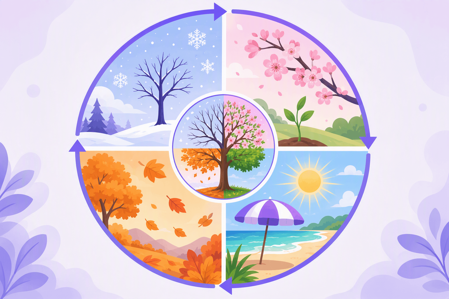 A circular seasonal wheel in four quadrants: a snowy winter with a bare tree, a spring of pink blossom and a green shoot, a summer beach with sun and umbrella, an autumn of falling orange leaves, with a four-state tree at the centre
