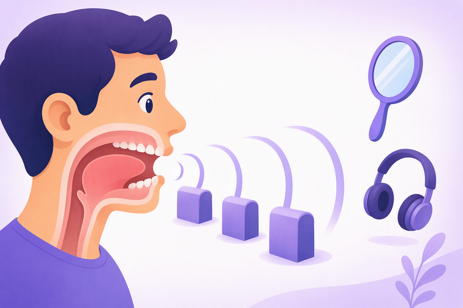 Perfil lateral de um falante com uma vista em corte da boca, dentes e língua, ondas sonoras a elevar-se sobre uma fila de pequenos obstáculos, com um espelho de mão e auscultadores por perto