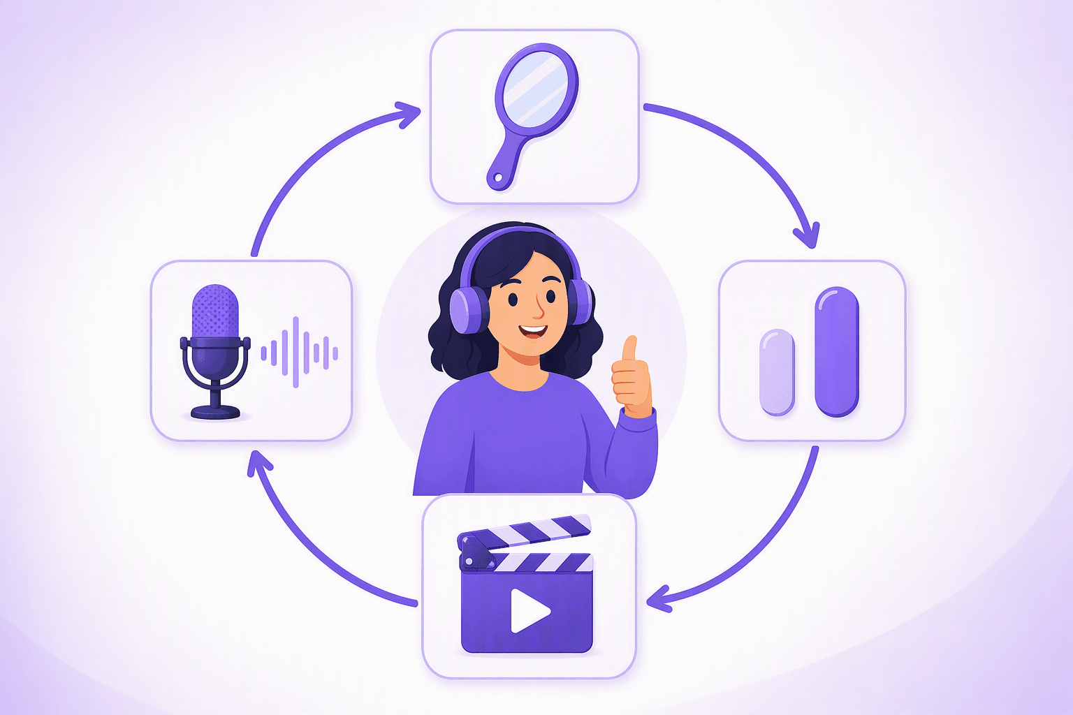Um ciclo de prática em quatro estações ligadas por uma seta circular: um espelho de mão, duas formas ovais de comprimentos diferentes a mostrar um contraste entre curto e longo, uma claquete de filme com um triângulo de reprodução, e um microfone com uma forma de onda, com um aluno sorridente de auscultadores no meio