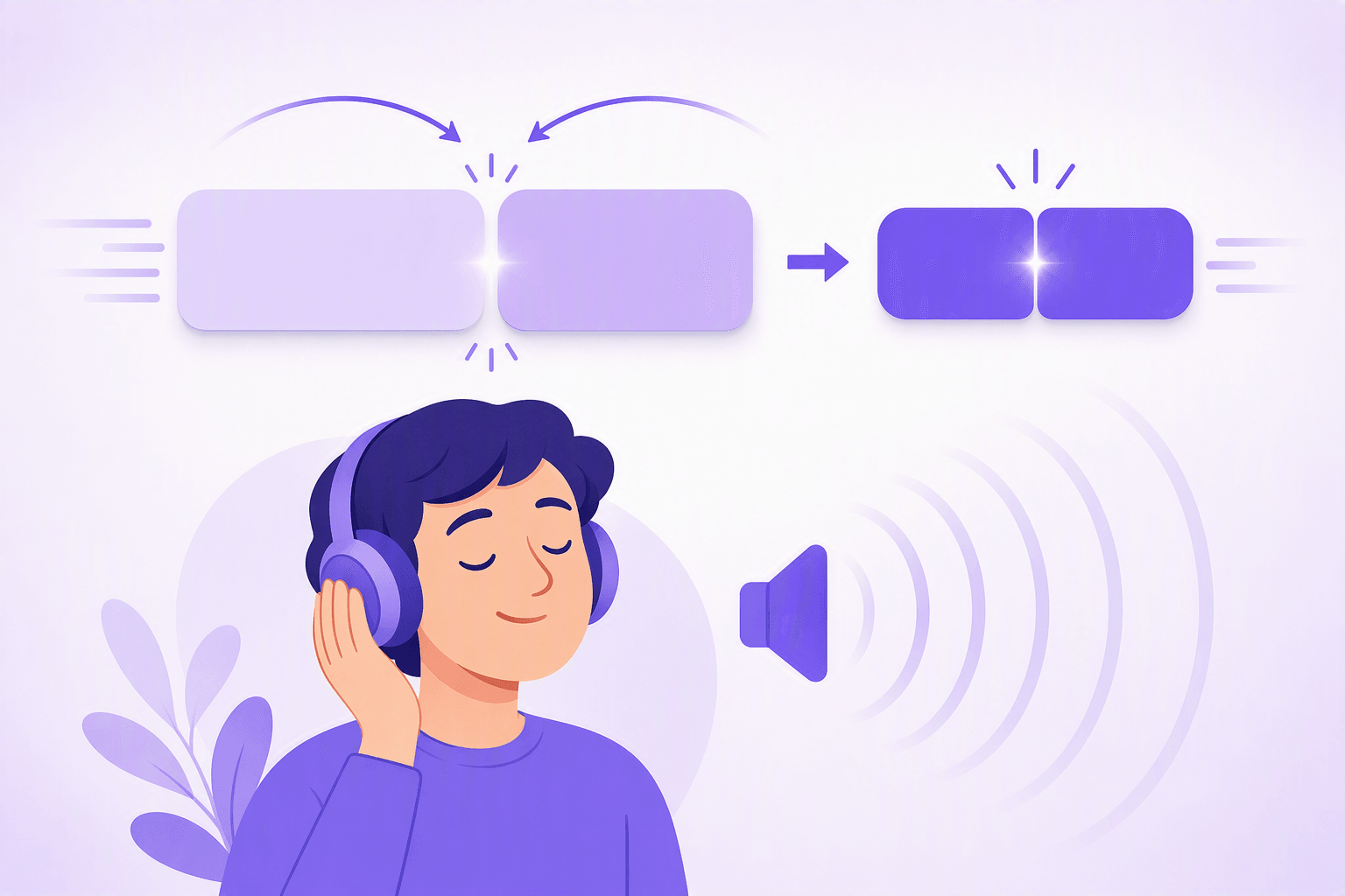 Two separate word blocks sliding together and fusing into one shorter block, with a listener wearing headphones following the sound