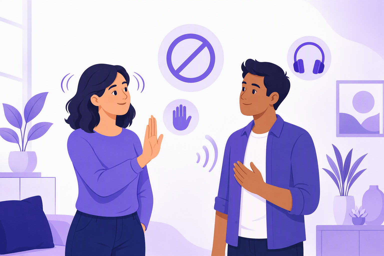 Two people in conversation, one raising an open palm in a polite refusal gesture, surrounded by a prohibition icon, headphones and sound waves