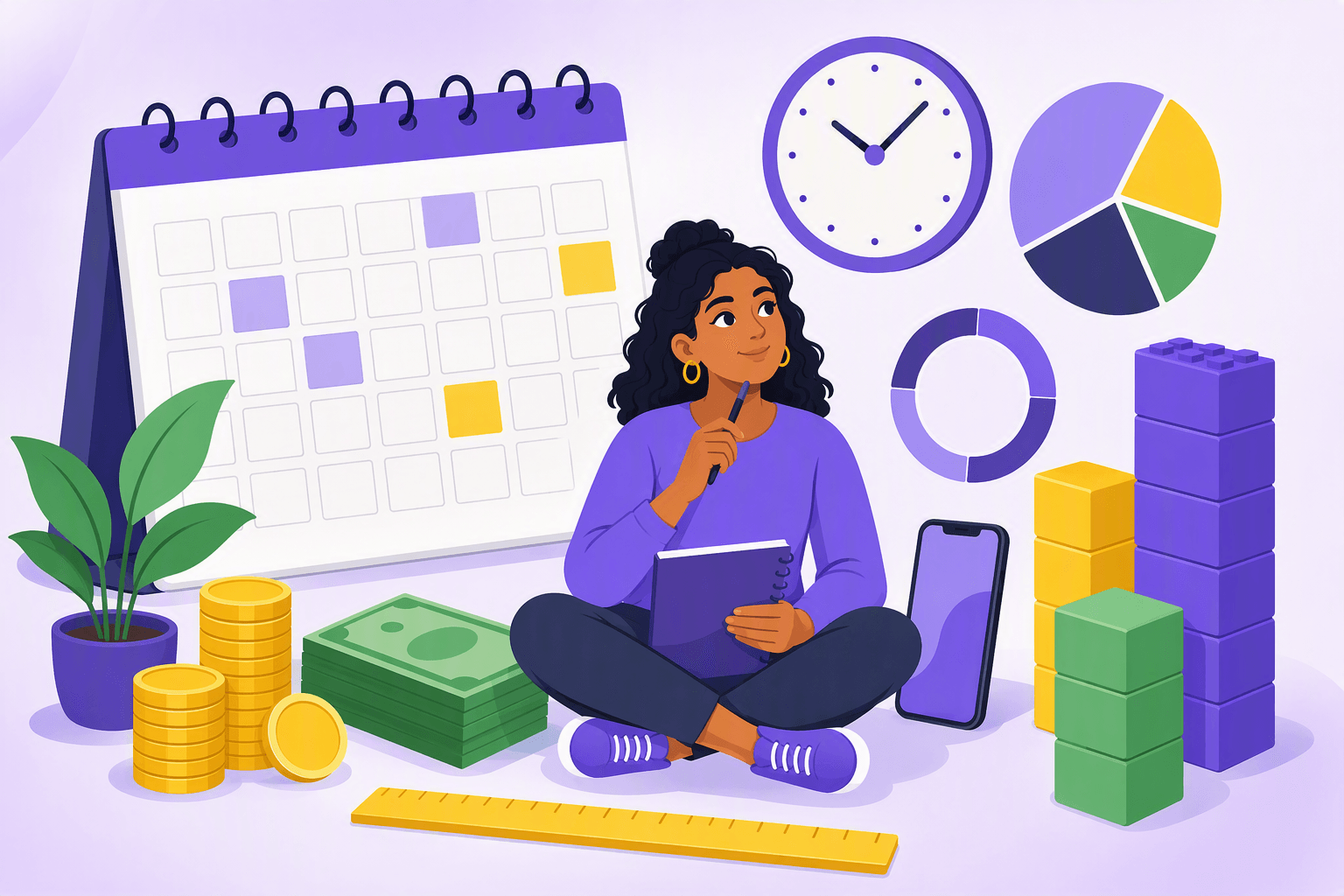 Flat-vector illustration of a diverse learner with visual representations of dates, time, fractions, money, measurements, phone numbers, percentages, and large quantities arranged around them.